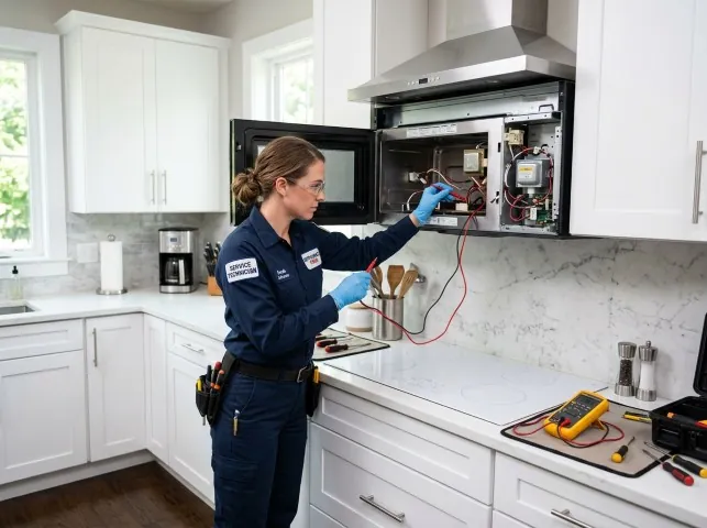 Appliance Repair Hero technician testing an over-the-range microwave in a Algonac, MI kitchen